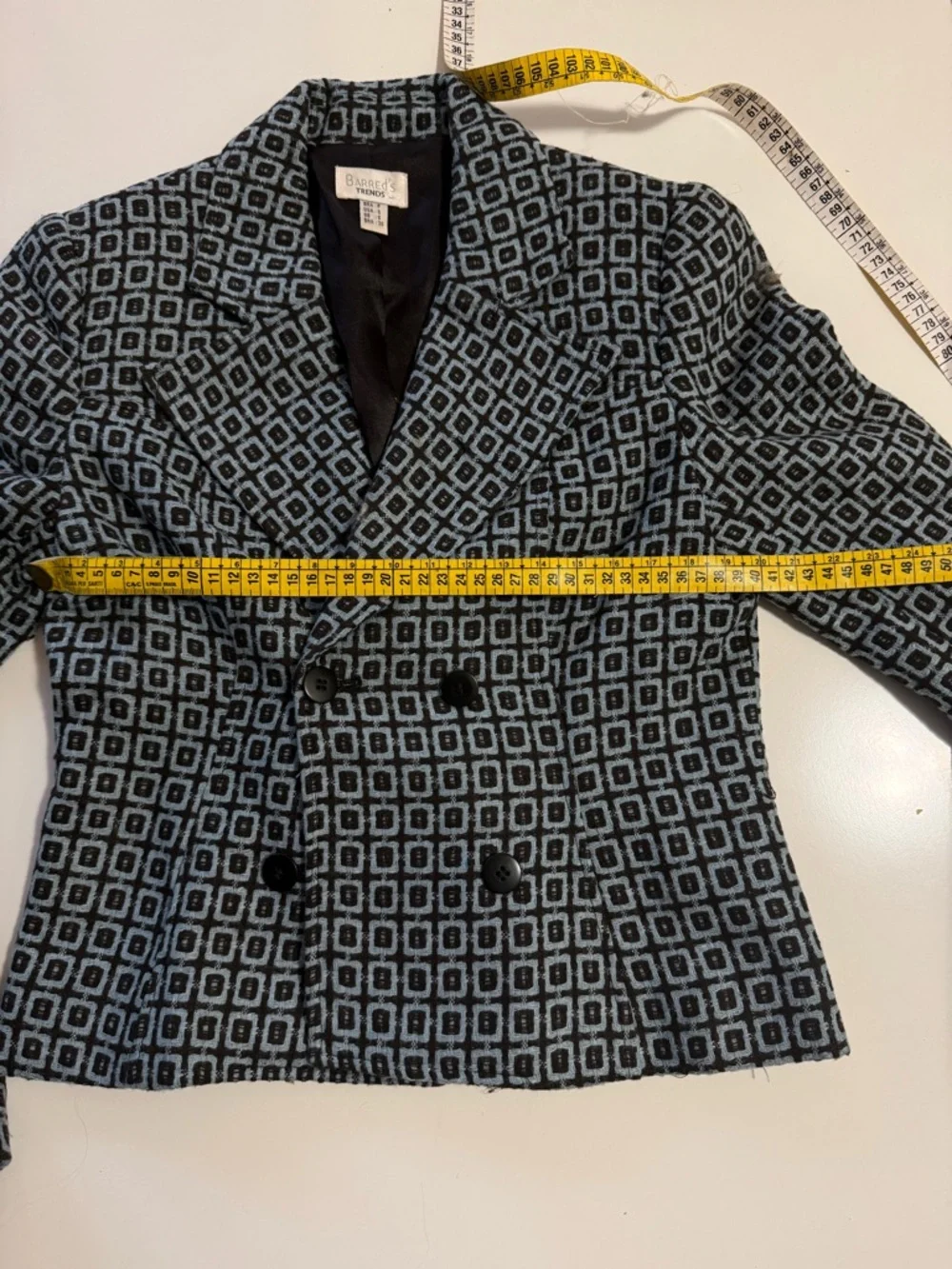 French Chic | Double-Breasted Geometric Print Blazer Jacket - Blue - Picture 5 of 9